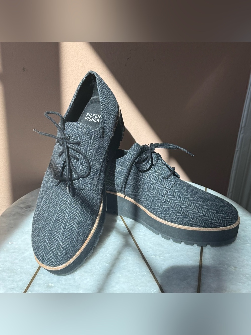 Eileen Fisher Eddy Mélange Herringbone Platform Oxford Gray & Black / 9